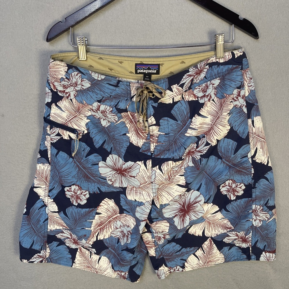Patagonia Printed Wavefarer Board Shorts Size 34 Blue Floral Swim Beach 86620
